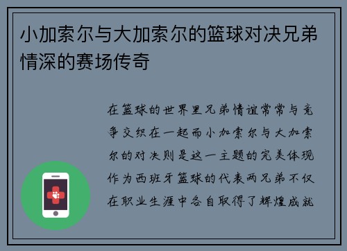 小加索尔与大加索尔的篮球对决兄弟情深的赛场传奇